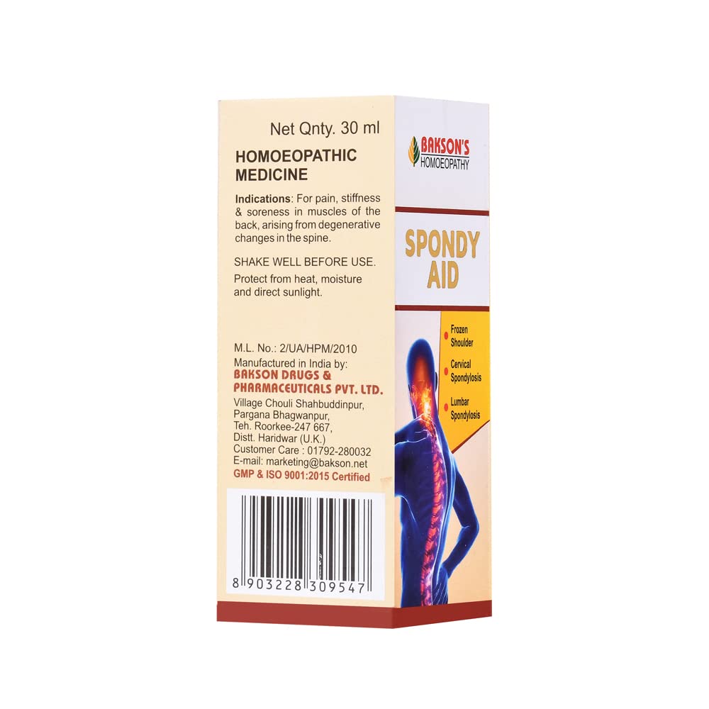 Bakson Homeopathic Spondy Aid Drops (30ml) Stiffness & Soreness In Back ...