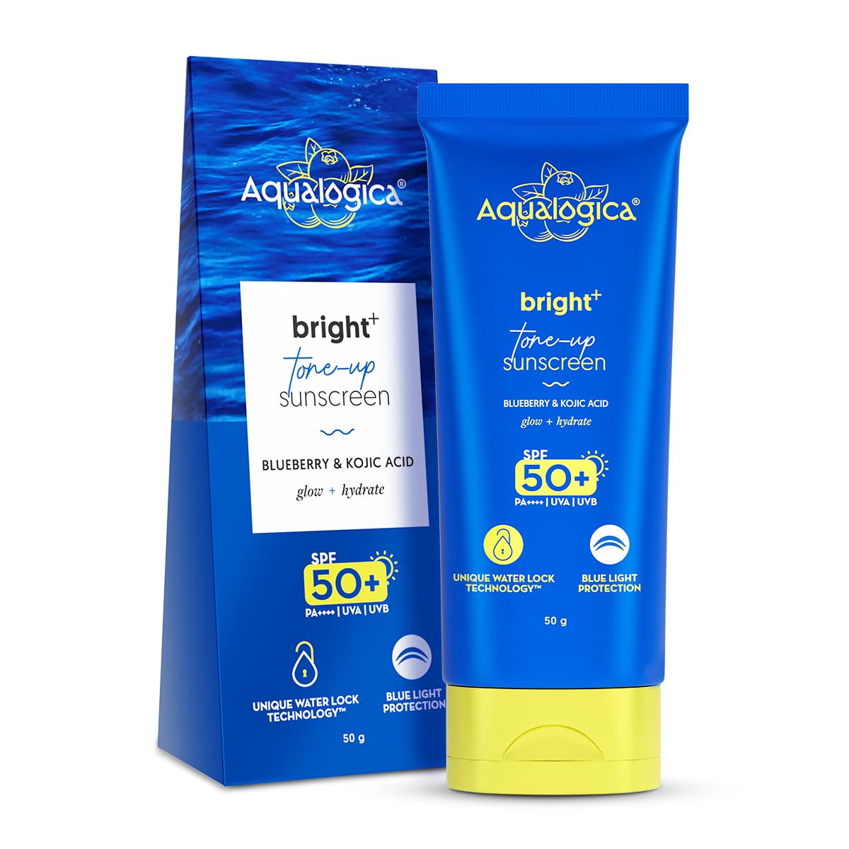 Aqualogica Bright+ Tone Up Sunscreen 50ml 2 Aqualogica Bright+ Tone Up Sunscreen | Broad Spectrum SPF 50+ PA++++ with Kojic Acid & Blueberry | UVA/B & Blue Light Protection | Instantly Brightens | Lightweight, Non-Greasy, No White Cast | All Skin Types | Fragrance-Free | 50g - Image 1