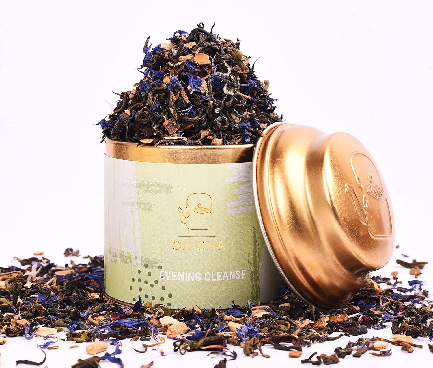 OH CHA - Evening Cleanse 1 OH CHA - Evening Cleanse | Detox Green Tea with Brahmi, Shatavari, Cinnamon, Blue Cornflower, Hibiscus, Citric Rinds | Cleanse Worries Away | 100% Whole Green Tea Leaves | 35g Tin Caddy - Image 1