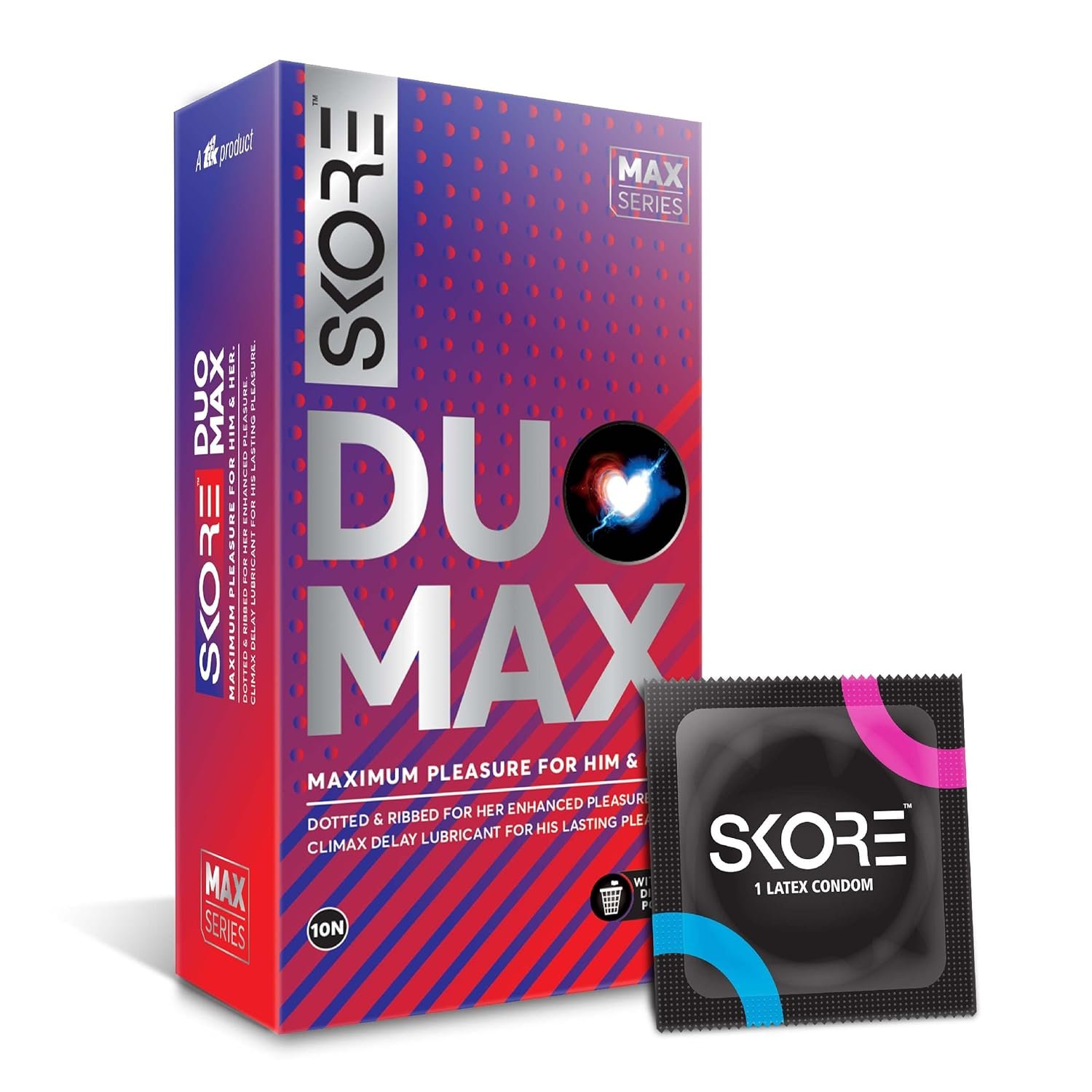 Skore Duo Max 1 Skore Duo Max - Premium Pleasure Condoms for Him and Her with Disposal Pouches|Dotted & Ribbed|Performa Lubricant for Long Lasting Climax Delay |Suitable for use with lubes & toys (10 pieces) - Image 1