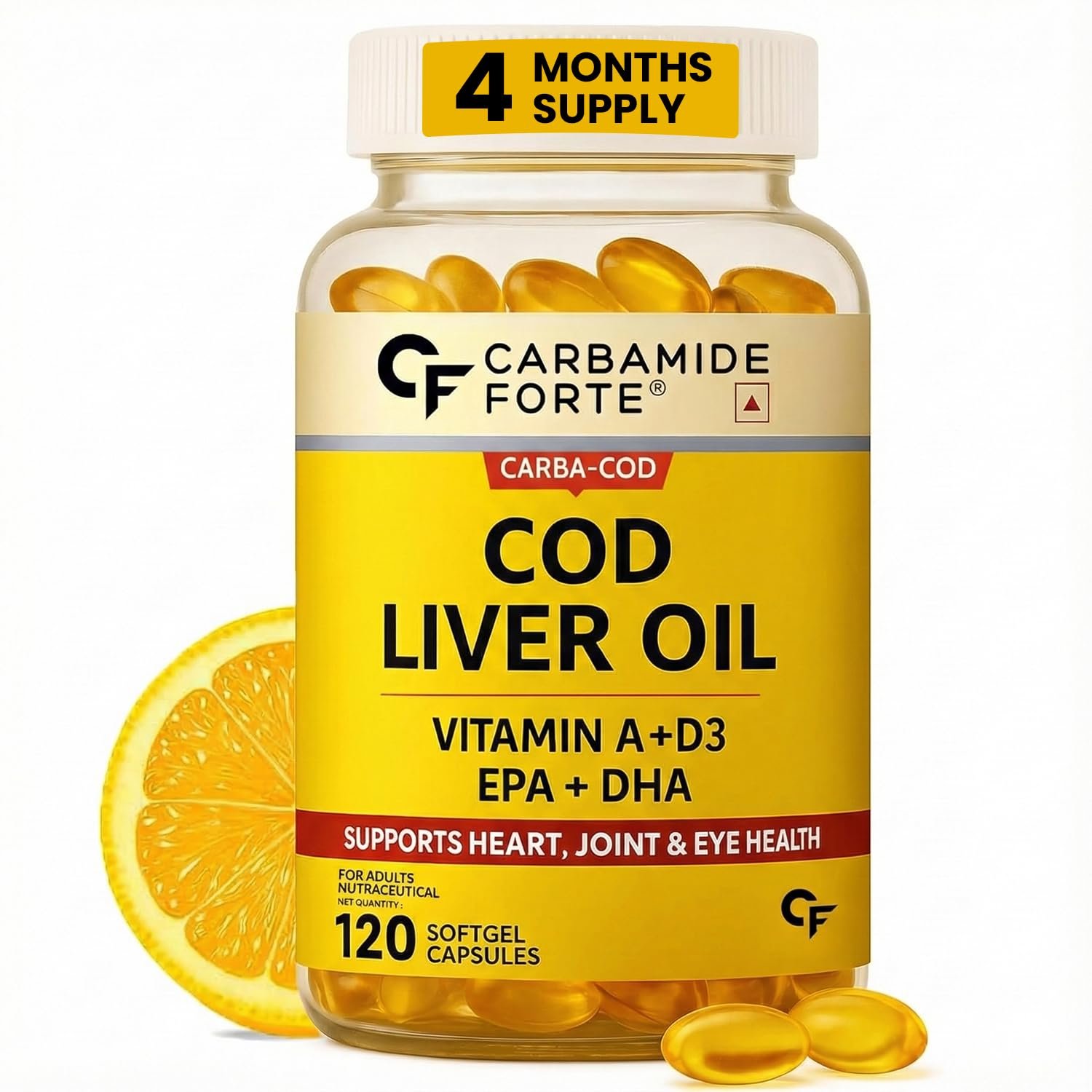 Carbamide Forte Cod Liver Oil Capsules Omega 3 Supplement 1 Carbamide Forte Cod Liver Oil Capsules Omega 3 Supplement | Sea cod Liver Oil, Omega 3 FishOil Capsules 300mg | Omega3 FishOil with EPA & DHA + Vitamin D3 Supplement | No Fishy Burps With Lemon Flavour - 120 Softgels - Image 1
