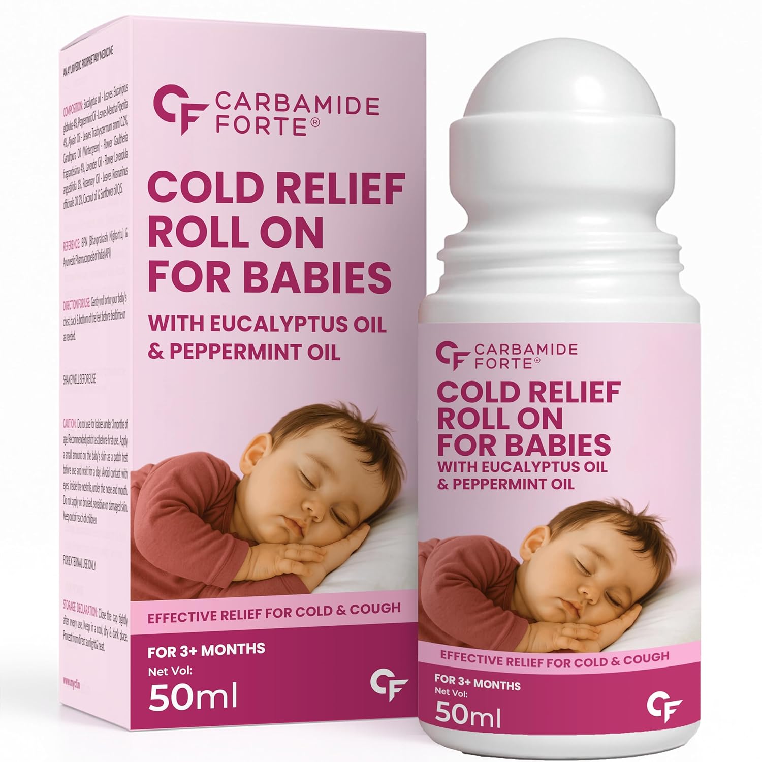 Carbamide Forte Natural Cold Relief Roll On for Babies 1 Carbamide Forte Natural Cold Relief Roll On for Babies | Baby Cold Relief Roll On with Eucalyptus & Peppermint Oil | Gentle Chest & Nose Rub for Babies 3+ Months | Ayurvedic Formula | 50 ml - Image 1