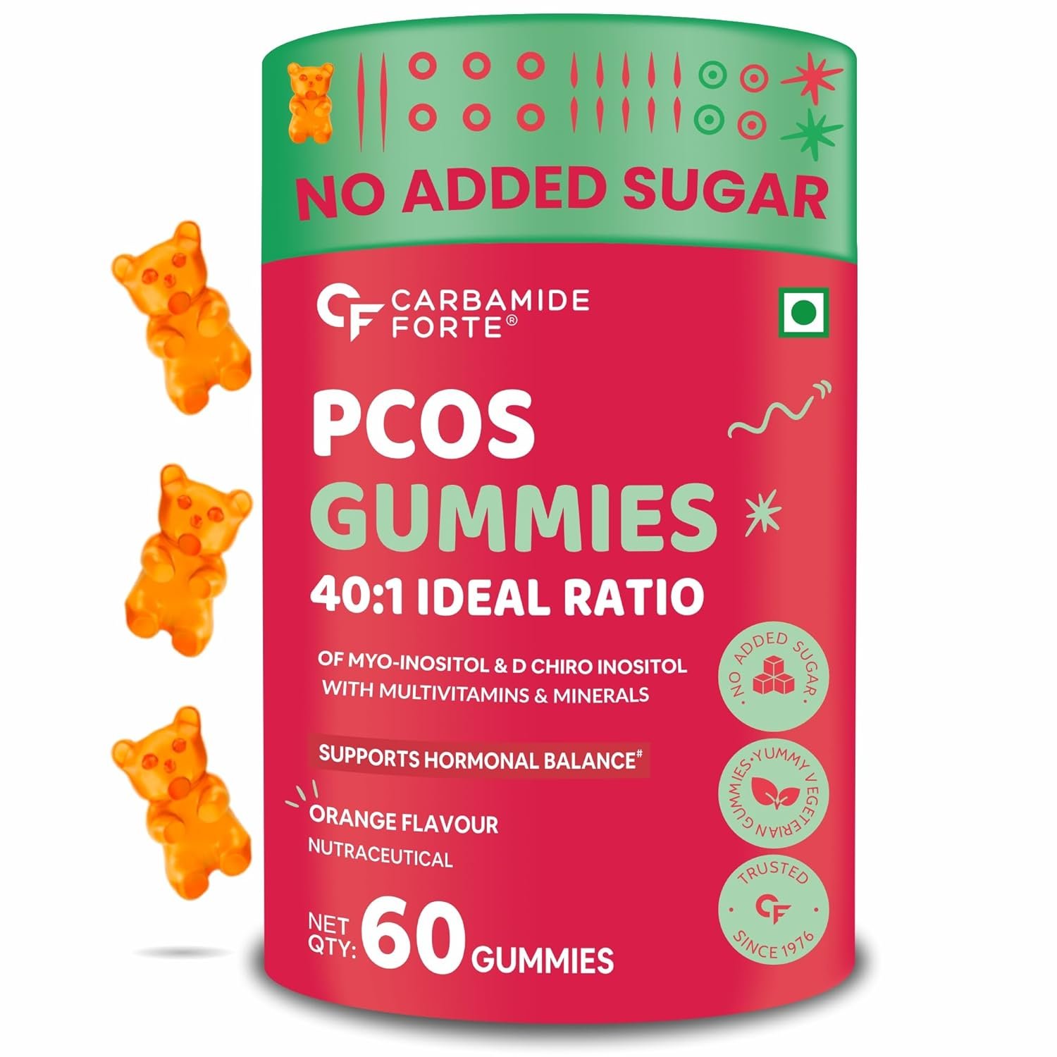Carbamide Forte PCOS Supplements 1 Carbamide Forte PCOS Supplements for Women with 40:1 Ratio of Myo Inositol to D Chiro Inositol | Inositol Supplement for PCOS - 60 Veg Orange Flavoured Gummies, 275 Grams - Image 1