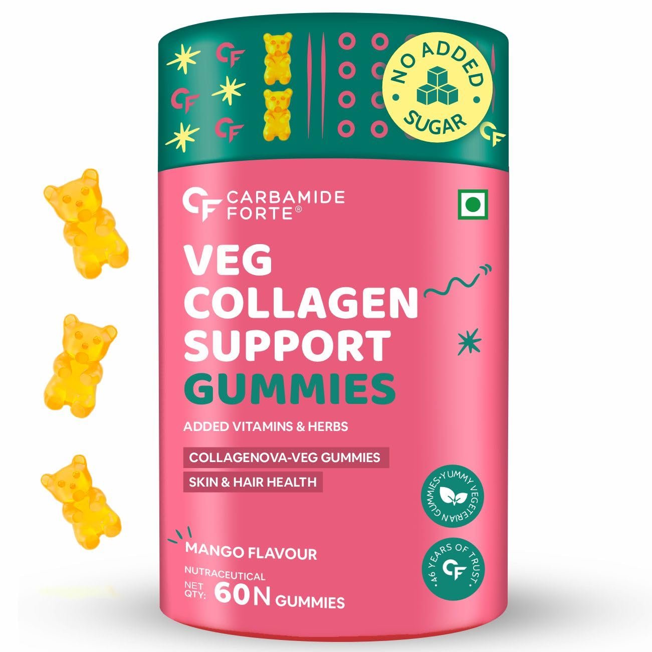 Carbamide Forte Veg Collagen Support Gummies, 60 Gummies 1 Carbamide Forte Veg Collagen Support Gummies, 60 Gummies | Collagen Supplements for Women & Men for Skin & Hair - Mango Flavour, 250 Grams, 60 Servings - Image 1