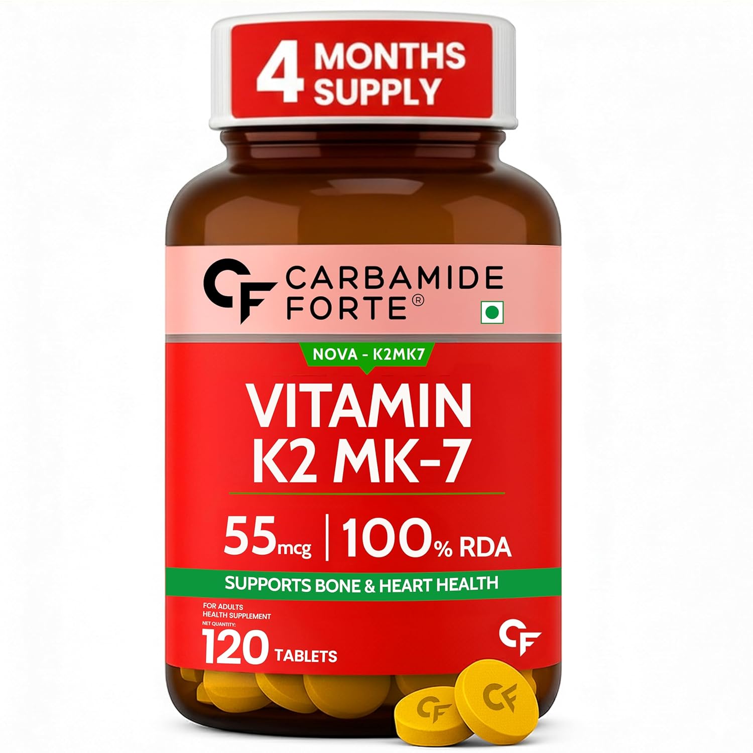 Carbamide Forte Vitamin K2 MK7 55 mcg 1 Carbamide Forte Vitamin K2 MK7 55 mcg | MK7 Form for Better Calcium Utilization | Vitamin K2 Supplement To Support Strong Bones & Heart Health for Men & Women | 120 Vegetarian Tablets - Image 1