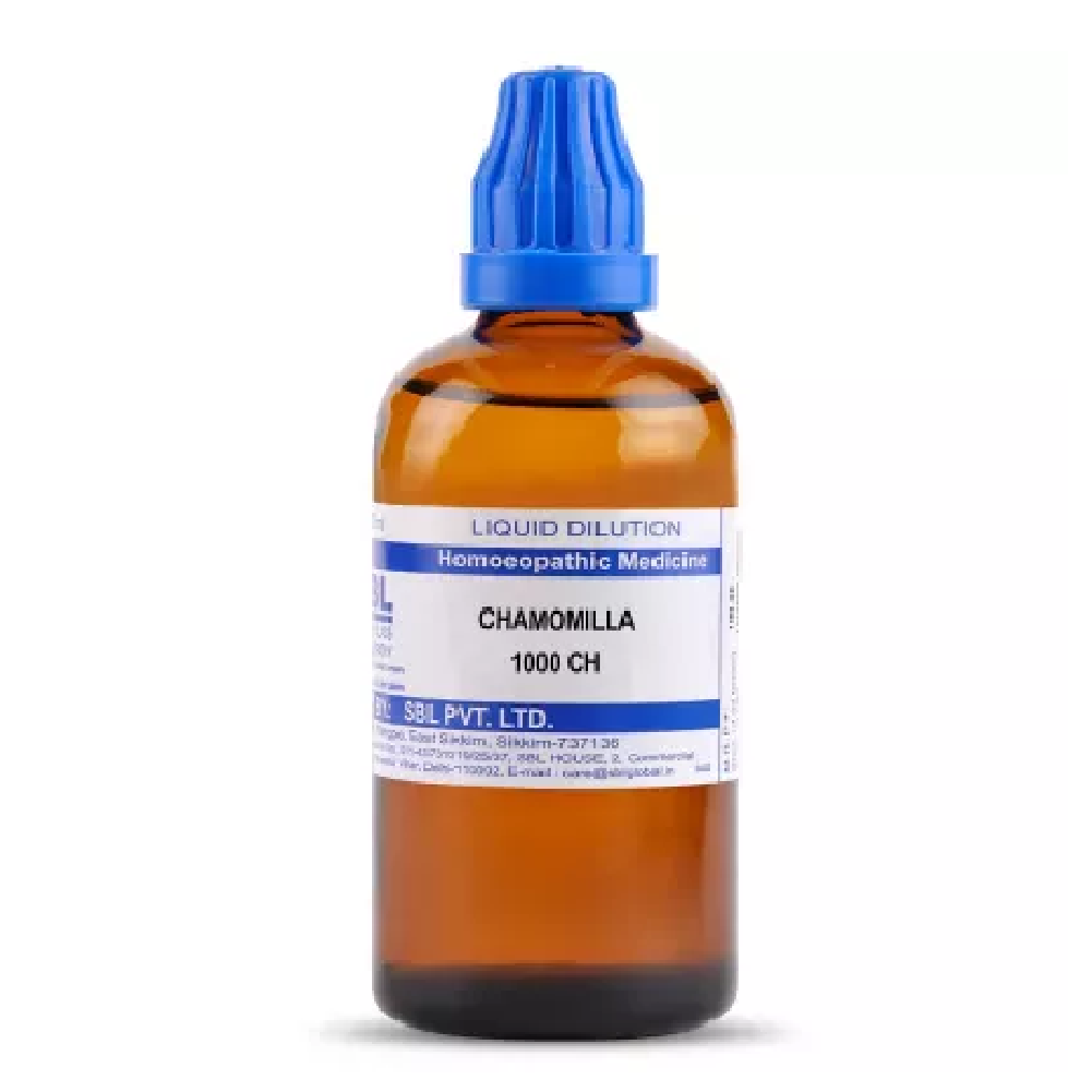 SBL-Chamomilla-1M-1000-CH-100ml.png SBL Homeopathic Chamomilla Dilution (30 ML / 100 ML) For Diarrhoea Toothache Cough - Image 1